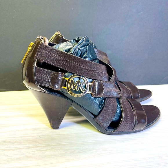 MIKHAEL KORS Brown Synthetic Logo High Heel Open Toe Strappy Shoes Size 6 1/2M - Picture 1 of 6